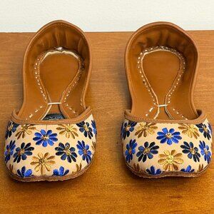 Tan & Blue Floral Punjabi Jutti Leather SlipOn Mules Ethnic Indian Flats Size 37